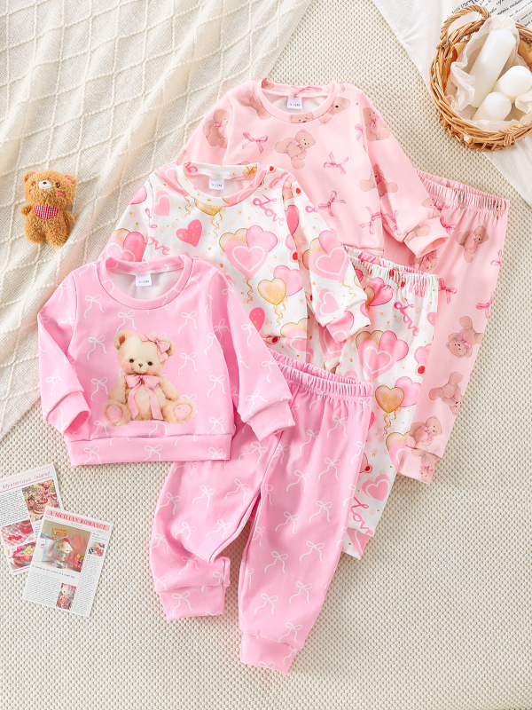 Sügis-talv 6-osaline beebitüdrukute roosa karu ja lipsu mustriga ümara kaelusega pikkade varrukatega kleit, armas ja nunnu