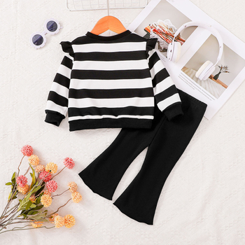 Φθινοπωρινό σετ ριγέ τοπ με φιόγκο και φαρδύ παντελόνι για κορίτσια, κομψό παιδικό ντύσιμο δύο τεμαχίων για νηπιαγωγείο