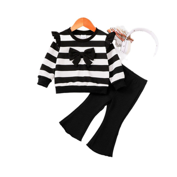 Φθινοπωρινό σετ ριγέ τοπ με φιόγκο και φαρδύ παντελόνι για κορίτσια, κομψό παιδικό ντύσιμο δύο τεμαχίων για νηπιαγωγείο