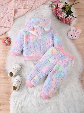 Παζλ με χρωματικό μπλοκ από παχύρρευστο ύφασμα, μπάλωμα τσέπης, στερεοφωνικό, σχήμα αυτιού, κουκούλα, τοπ και παντελόνι, χειμερινό κοστούμι