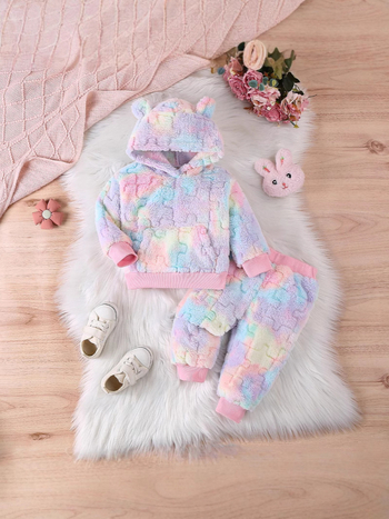 Παζλ με χρωματικό μπλοκ από παχύρρευστο ύφασμα, μπάλωμα τσέπης, στερεοφωνικό, σχήμα αυτιού, κουκούλα, τοπ και παντελόνι, χειμερινό κοστούμι