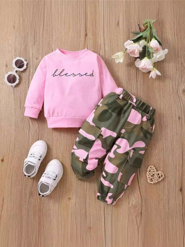 Sügise ja talve Euroopa ja Ameerika laste kirjaga trükitud pikkade varrukatega dressipluus, kamuflaažpüksid, kaheosaline komplekt