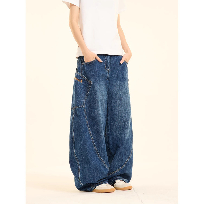 Naiste sügisesed vintage suurte taskutega mačetega teksad, uued tänavakujundusega Sense lahtised salendavad sirged laiad püksid