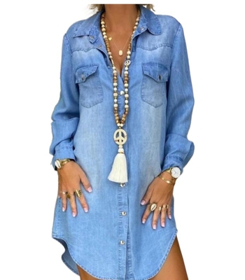 2024 Amazon, ανεξάρτητος σταθμός, δημοφιλές ευρωπαϊκό και αμερικανικό τζιν φόρεμα με μακριά μανίκια και τσέπη στο στήθος, μονόχρωμο