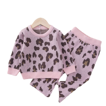 Φθινοπωρινό και Χειμερινό Ευρωπαϊκό και Αμερικανικό Βρεφικό Πουλόβερ με Στρογγυλή Λαιμόκοψη και Μακρυμάνικο Λεοπάρ Παντελόνι