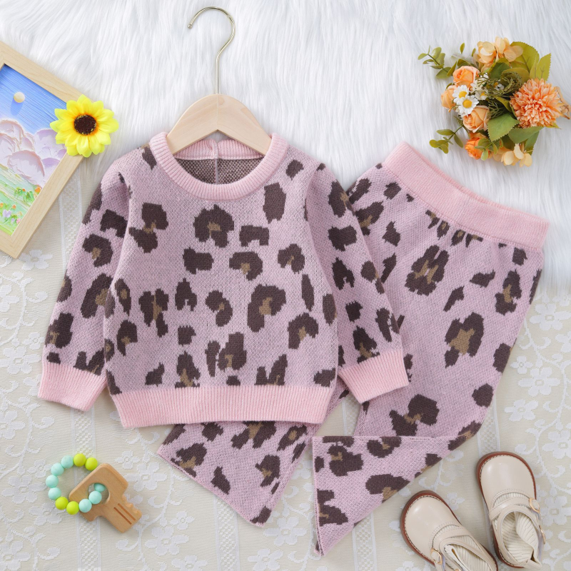 Sügis-talvine Euroopa ja Ameerika beebikampsun ümara kaelusega leoparditrükiga pikkade varrukatega kampsunpüksid