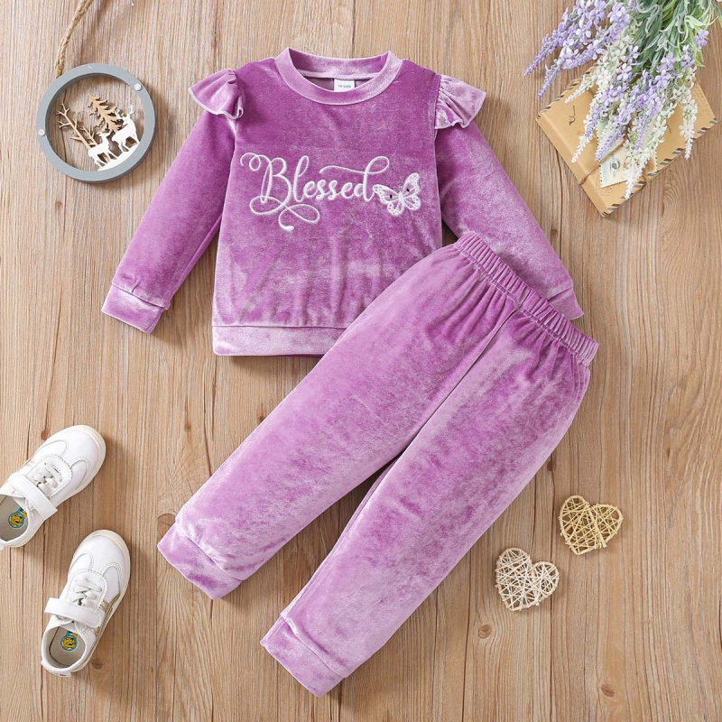 Tüdrukute sügis-talvine Maomao soe kirjaga tikitud pulloverpüksid, kaheosaline komplekt, Euroopa ja Ameerika moodne lasteülikond