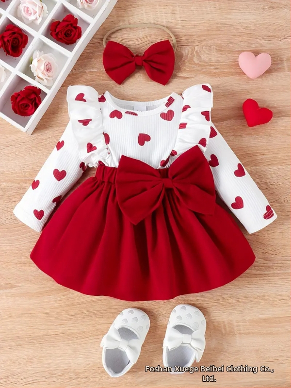 Slatka i romantična djevojačka dvodijelna haljina za Valentinovo s velikom mašnom ukrašenom printom srca