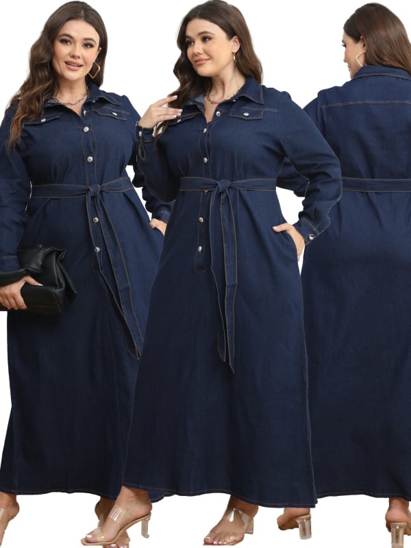 218319 Îmbrăcăminte de iarnă pentru femei, mărimi mari, transfrontaliere, europene și americane, en-gros, rochie din denim spălat, cu guler deschis, sursă de fabrică de îmbrăcăminte