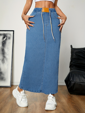 Νέα μακριά τζιν φούστα γυναικών Cross-Border Dropshipping 2025 Cross-Border με λάστιχο στη μέση και κορδόνι σε γραμμή Α, Cross-Border