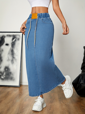 Νέα μακριά τζιν φούστα γυναικών Cross-Border Dropshipping 2025 Cross-Border με λάστιχο στη μέση και κορδόνι σε γραμμή Α, Cross-Border