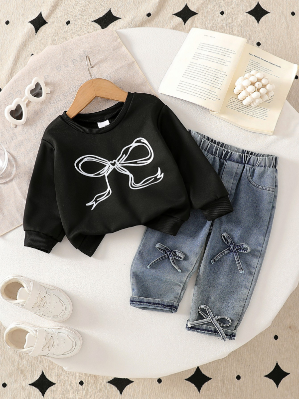 Lezser masni hímzett fekete hosszú ujjú baba pulóver farmeröltöny lányka csecsemő csecsemő kétrészes szett