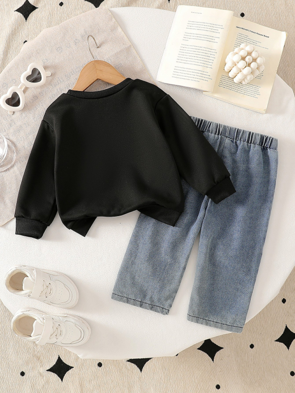 Lezser masni hímzett fekete hosszú ujjú baba pulóver farmeröltöny lányka csecsemő csecsemő kétrészes szett