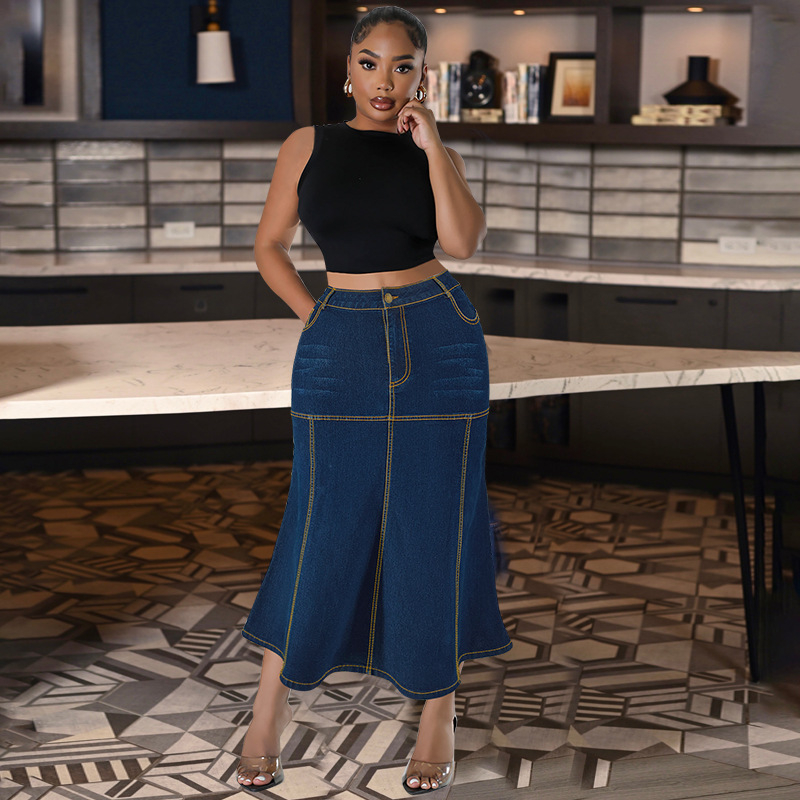 Fustă lungă casual din denim pentru femei, mărime plus, F218630, transfrontalieră, sursă, vânzări directe din fabrică
