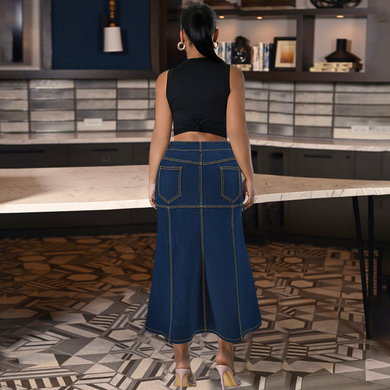 Fustă lungă casual din denim pentru femei, mărime plus, F218630, transfrontalieră, sursă, vânzări directe din fabrică