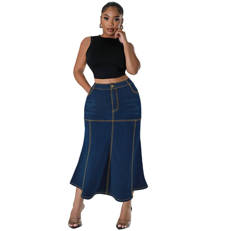 Fustă lungă casual din denim pentru femei, mărime plus, F218630, transfrontalieră, sursă, vânzări directe din fabrică