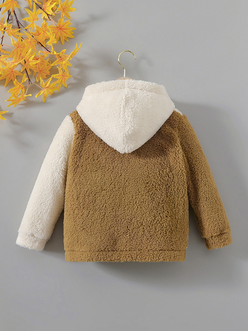 Διασυνοριακό ευρωπαϊκό και αμερικανικό στυλ για αγόρια, χρωματική αντίθεση με ραφή μπροστά, ψεύτικη τσέπη μπροστά, ανοιχτό κουμπί, κουκούλα, παλτό με χοντρό βελούδο, χειμωνιάτικο