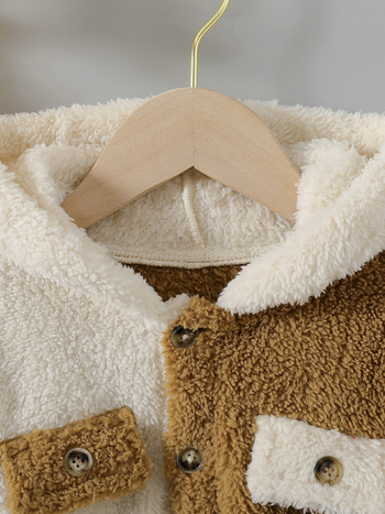 Διασυνοριακό ευρωπαϊκό και αμερικανικό στυλ για αγόρια, χρωματική αντίθεση με ραφή μπροστά, ψεύτικη τσέπη μπροστά, ανοιχτό κουμπί, κουκούλα, παλτό με χοντρό βελούδο, χειμωνιάτικο