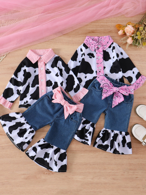 Costum de pantaloni din denim cu fundă, cămașă cu imprimeu de vacă, pentru fete, 2024, comerț exterior transfrontalier