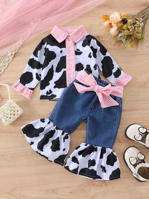 Costum de pantaloni din denim cu fundă, cămașă cu imprimeu de vacă, pentru fete, 2024, comerț exterior transfrontalier