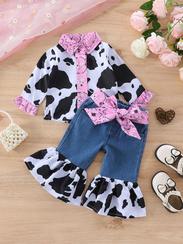 Costum de pantaloni din denim cu fundă, cămașă cu imprimeu de vacă, pentru fete, 2024, comerț exterior transfrontalier