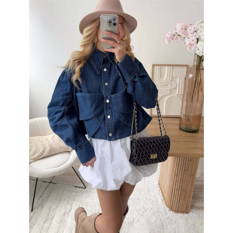 Noua geacă din denim cu rever unic, cu mânecă lungă și decorațiune cu fundă, transfrontalieră europeană și americană