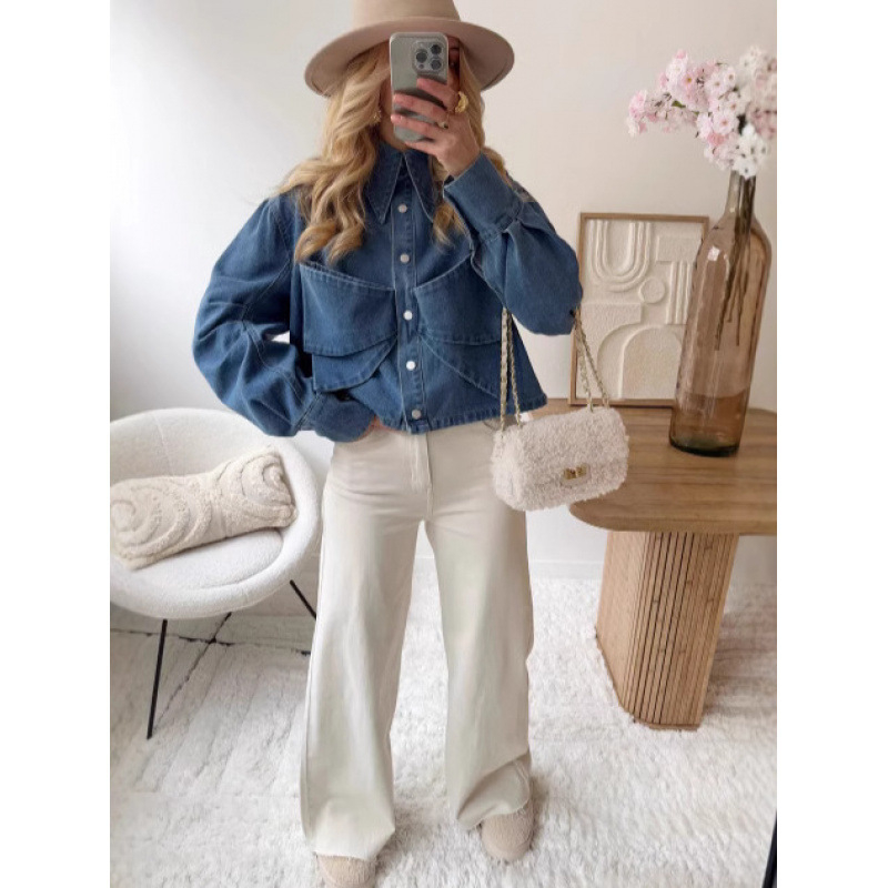 Noua geacă din denim cu rever unic, cu mânecă lungă și decorațiune cu fundă, transfrontalieră europeană și americană