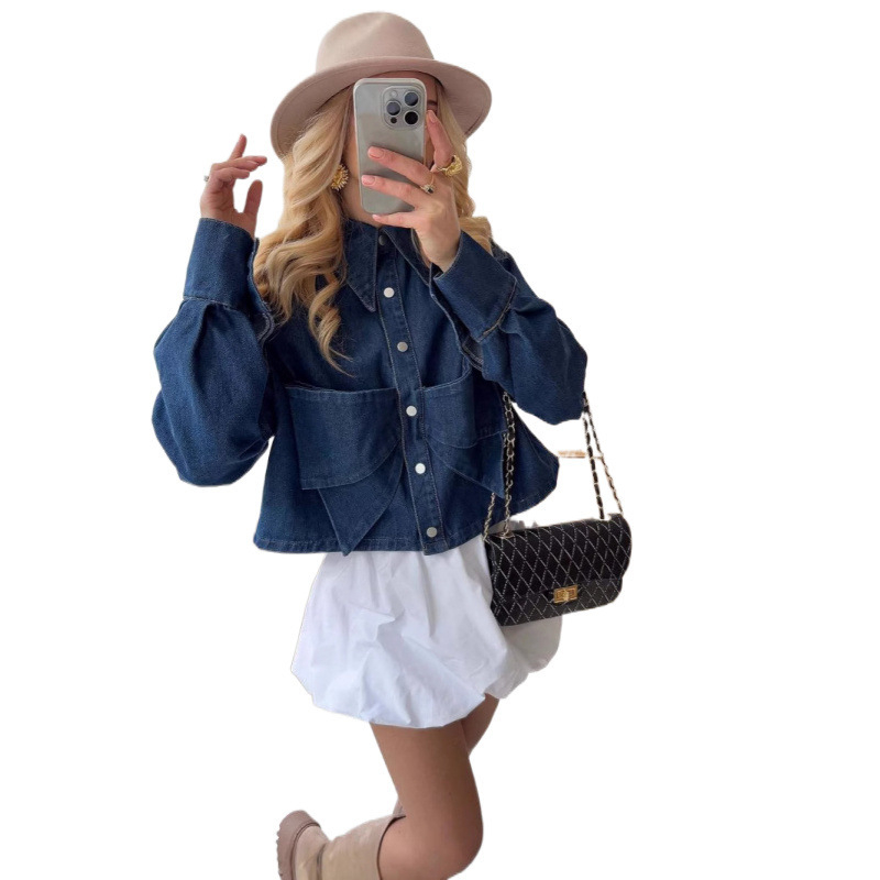 Noua geacă din denim cu rever unic, cu mânecă lungă și decorațiune cu fundă, transfrontalieră europeană și americană