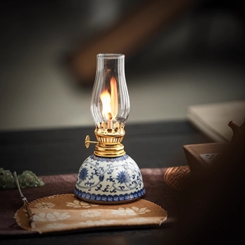 „Guzhi lotus“ žibalinė lempa, mėlyna ir balta, keraminė, antikvarinė, stiklinė, sviestinė lempa, namų arbatos stalo lempa, atmosferos lempa, kempingo lempa, „Everbright“