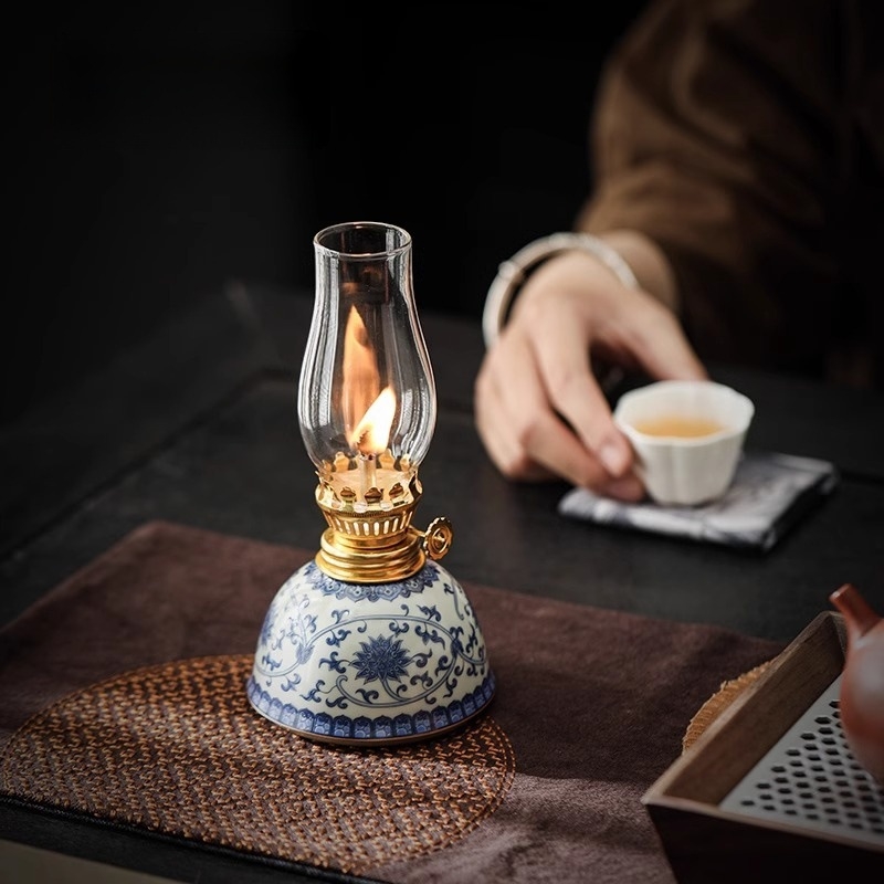 „Guzhi lotus“ žibalinė lempa, mėlyna ir balta, keraminė, antikvarinė, stiklinė, sviestinė lempa, namų arbatos stalo lempa, atmosferos lempa, kempingo lempa, „Everbright“