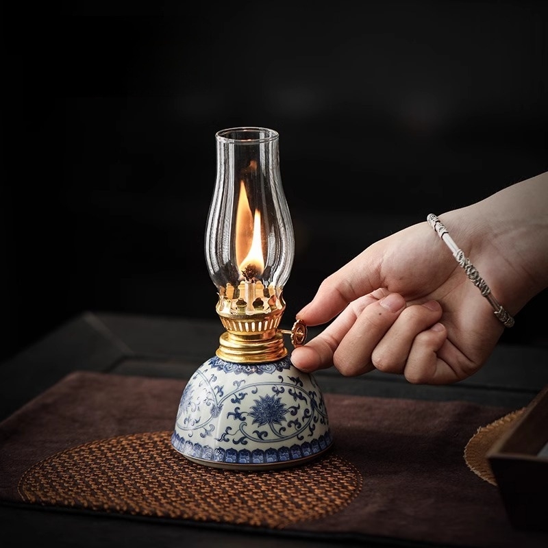 „Guzhi lotus“ žibalinė lempa, mėlyna ir balta, keraminė, antikvarinė, stiklinė, sviestinė lempa, namų arbatos stalo lempa, atmosferos lempa, kempingo lempa, „Everbright“