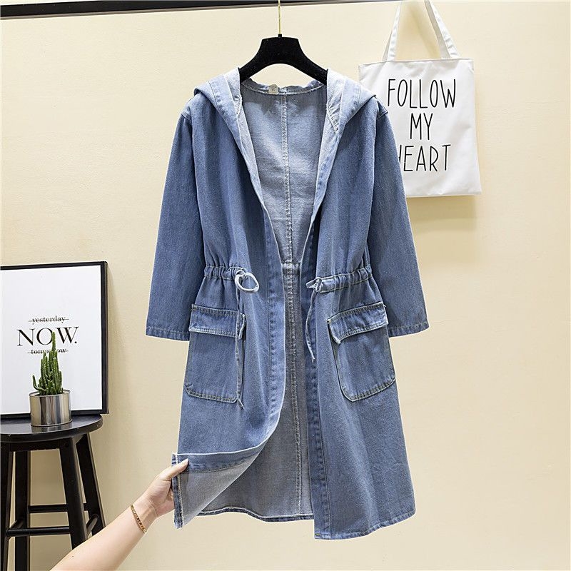 Laisvas raišteliu sutraukiamas, aptemptas vėjo striukė, vidutinio ilgio, pavasariui ir rudeniui, plius dydžių, laisvalaikio, BF universalus džinsinis paltas, plius dydžių.