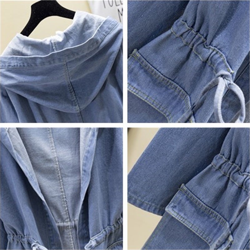 Laisvas raišteliu sutraukiamas, aptemptas vėjo striukė, vidutinio ilgio, pavasariui ir rudeniui, plius dydžių, laisvalaikio, BF universalus džinsinis paltas, plius dydžių.