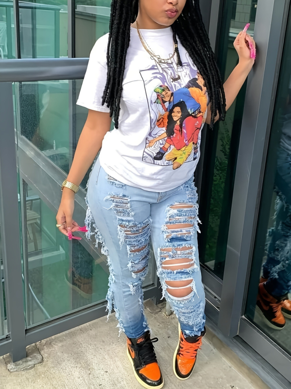 Euroopa ja Ameerika uued kõrge vöökohaga seksikad virsikupuusaga Spice Girli vabaaja moodsed kõikvõimalikud venivad rebitud helesinised teksapüksid