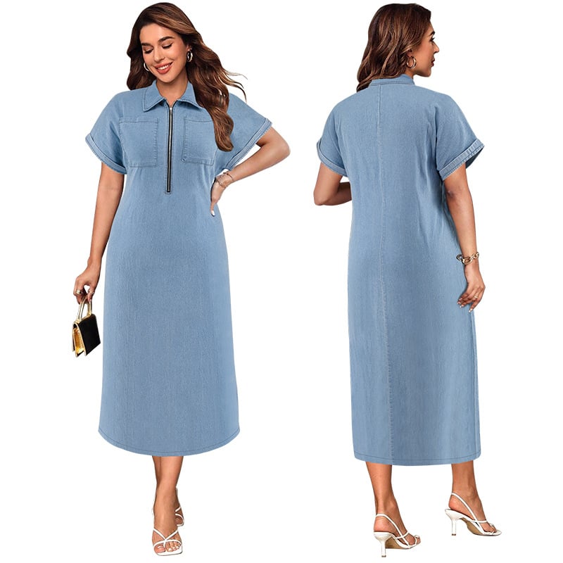 218526 Rochie de damă de mărime mare, cu mânecă scurtă și fermoar, din denim, de lungime medie, Vânzări directe din fabrică