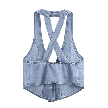 Дънкова жилетка, дамска лятна малка жилетка, къса жилетка, външна жилетка с яка, носеща малка жилетка в стил Шанел, модерна