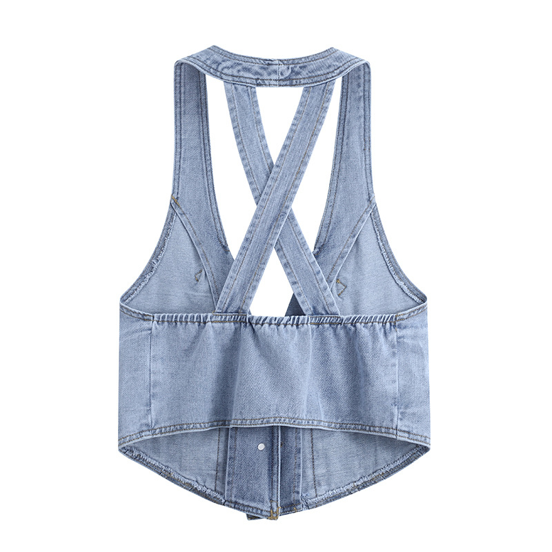 Дънкова жилетка, дамска лятна малка жилетка, къса жилетка, външна жилетка с яка, носеща малка жилетка в стил Шанел, модерна