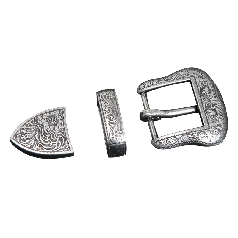 Sheridani Tangi rohu stiilis hõbetatud vöö kolmeosaline komplekt hõbetatud vööpandla taimparkimisega Tangi rohu mustriga hõbetatud vööpandla