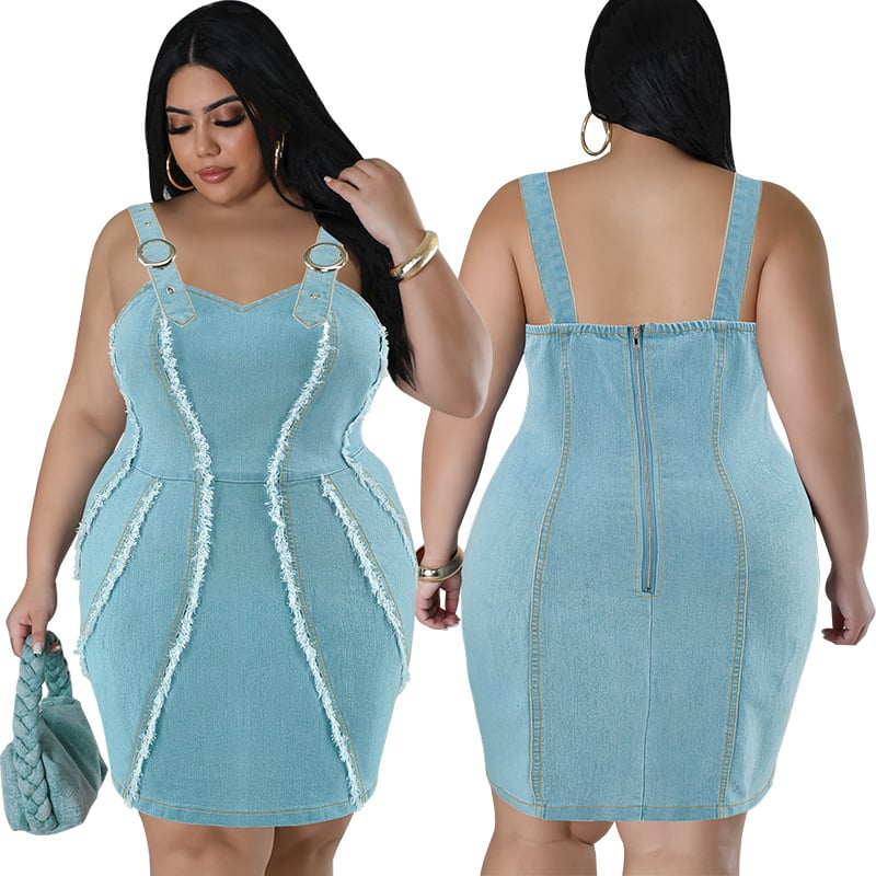 218505 Rochie scurtă fără mâneci, cu bretele, din denim, pentru femei, mărime plus, transfrontalieră, Vânzări directe din fabrică