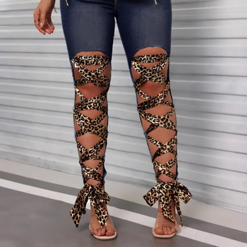 Prekogranična europska i američka vanjska trgovina Amazon Fashion Seksi poderane leopard oprane traper ženske hlače