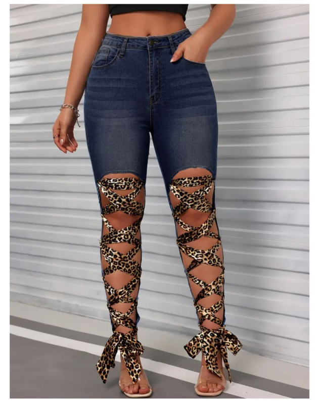 Prekogranična europska i američka vanjska trgovina Amazon Fashion Seksi poderane leopard oprane traper ženske hlače