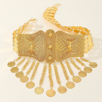 Euroopa ja Ameerika piiriülese stiiliga vööaksessuaarid, sulamist tutiga kuldmündi väljalõikega metallist vöökett, lihtne kehaga vöökett, hulgimüük