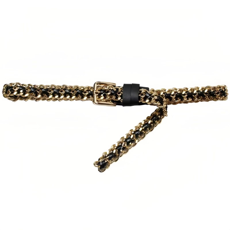 Метален колан за жени, декоративен колан със снадена кожа, златна плетена верижка, черен дънков колан, пънк стил за мъже и жени