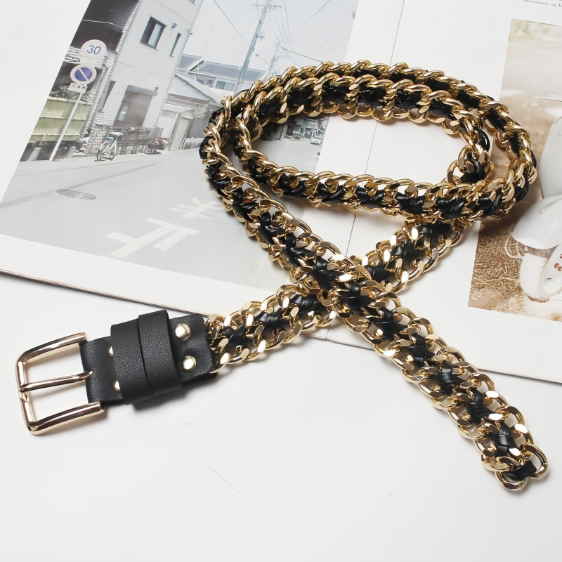 Метален колан за жени, декоративен колан със снадена кожа, златна плетена верижка, черен дънков колан, пънк стил за мъже и жени