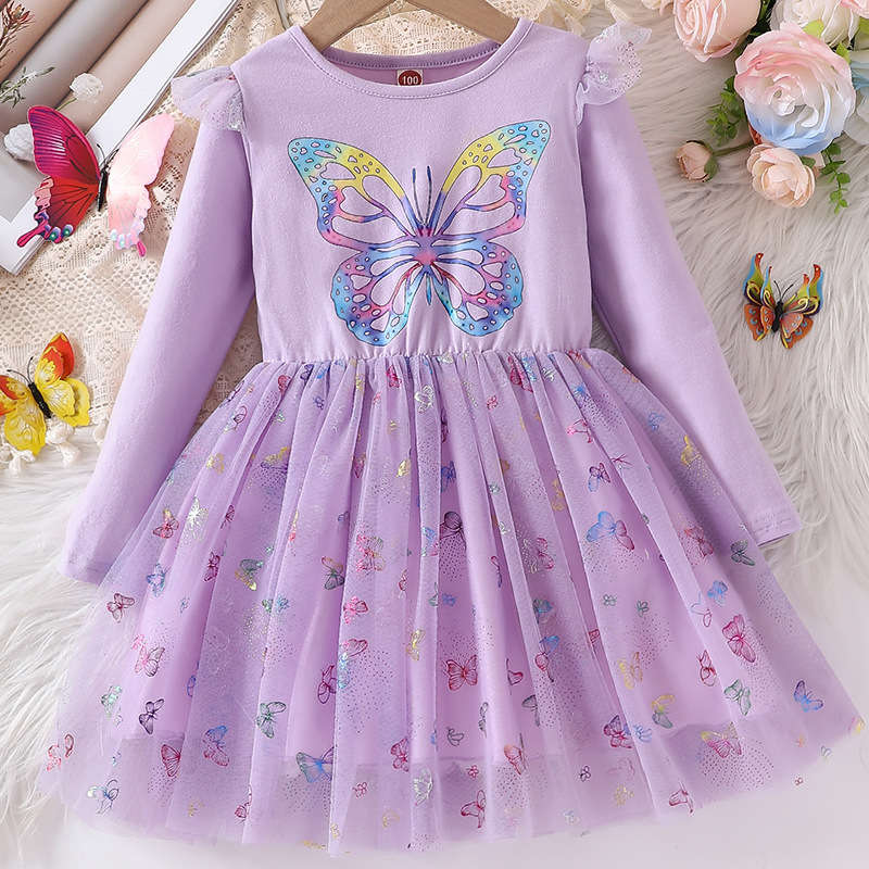 2025 Nové sieťované dievčenské detské jarné a jesenné motýlí potlačou nadýchané princeznovské šaty s dlhým rukávom dievčenské šaty