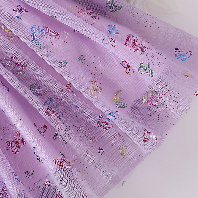 2025 Nové sieťované dievčenské detské jarné a jesenné motýlí potlačou nadýchané princeznovské šaty s dlhým rukávom dievčenské šaty