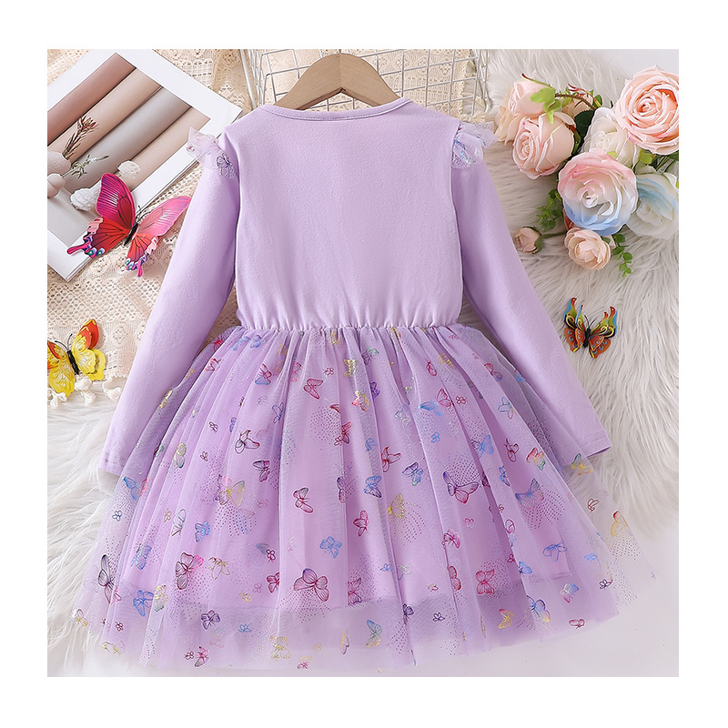 2025 Nové sieťované dievčenské detské jarné a jesenné motýlí potlačou nadýchané princeznovské šaty s dlhým rukávom dievčenské šaty