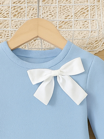 Zx22024 Proljetna i jesenska nova modna ležerna haljina za djevojčice male i srednje veličine s bijelom mašnom, svježe plava