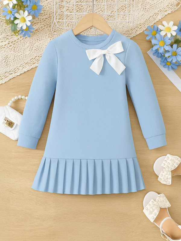 Zx22024 Proljetna i jesenska nova modna ležerna haljina za djevojčice male i srednje veličine s bijelom mašnom, svježe plava