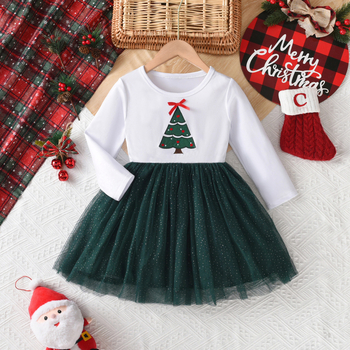 Külkereskedelmi, határokon átnyúló karácsonyi, új stílusú, lányoknak való, európai és amerikai stílusú, karácsonyfa mintás, hosszú ujjú, összeillesztett hálós ruha